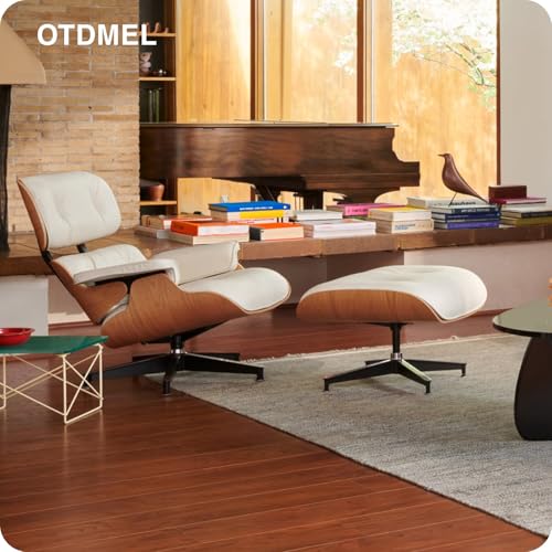 Image of Top White Grain Leather, Mid Century Chaise Lounge Chair and Ottoman, Modern Chair Classic Design, Walnut Wood, Heavy Duty Base Support for Living Room Office