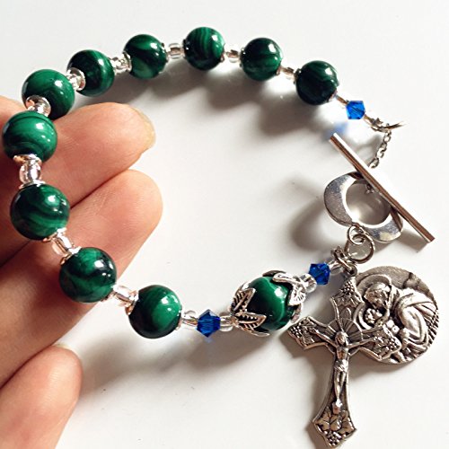 elegantmedical ROSARY UNDOUBTED Malachite BEADS BRACELET CROSS Sterling Silver flower Travel2