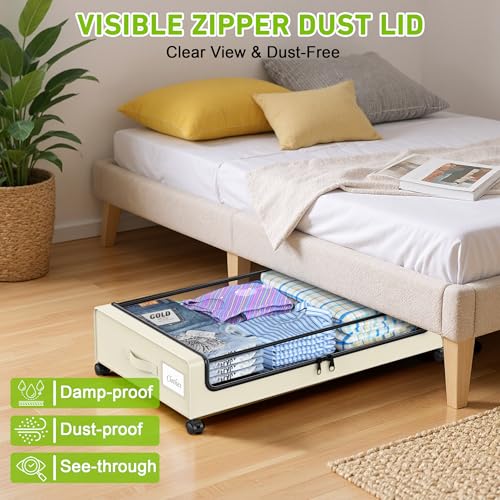 Image of YAASHEEN Under Bed Storage with Wheels, Under the Bed Storage Containers with Clear Lids & Label, Underbed Storage Bins, XXL 60L Rolling Metal Drawer for Clothes, Shoes, Toys, Books (4-Pack Beige)