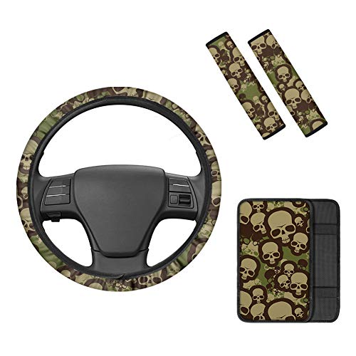 HUGS IDEA Juego de accesorios interiores con diseño de calavera de camuflaje con funda ajustable para cinturón de seguridad + cojín para volante + almohadillas protectoras para reposabrazos