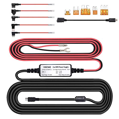 VIKEWE Dash Cam Hardwire kit – con porta mini USB e micro USB, protezione scarico, ingresso 12 V-24 V, uscita 5 V/2 A, 5 tipo di fusibile e installazione di clip per cavi