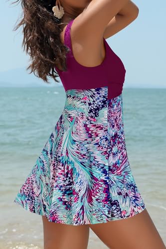 Image of SHEKINI Womens V Neck One Piece Swimsuit Net Yarn Modest Tummy Control Skirtini Swimdress Bathing Suits