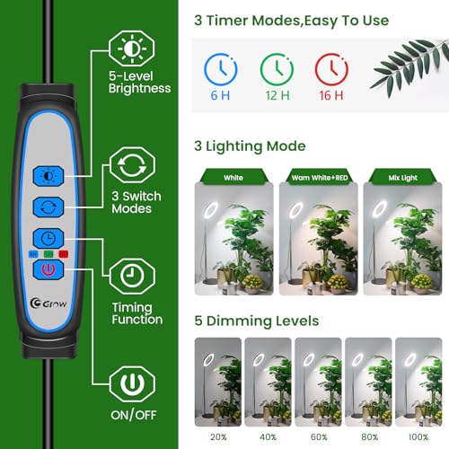 Image of Aokrean Grow Lights for Indoor Plants, 6.3in Full Spectrum Growing Lamp | 80 LEDs Black 1-Pack, 2 Installation Ways, 9.8-37.4 in Height Adjustable, 3 Lighting Modes, Timer 6 /12 /16Hrs, 5 Brightness