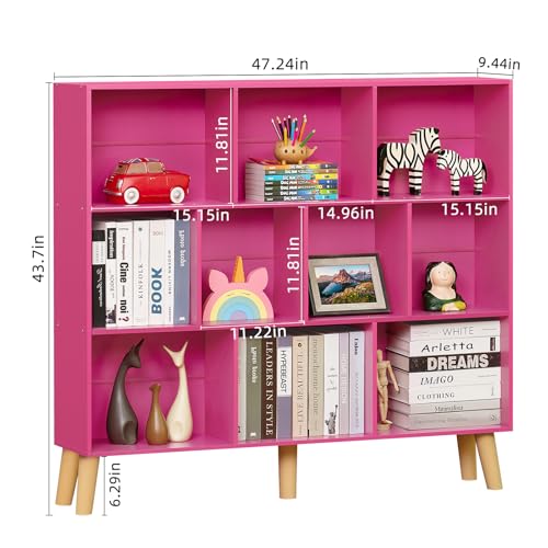 LEYAOYAO 10 Cube Bookshelf,3 Tier Modern Wide Bookcase with Legs,Mid-Century Wood Bookshelves Storage,Pink Large Book Case,Freestanding Organizer Display Shelf for Bedroom,Living Room,Office