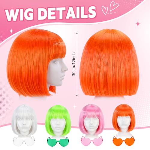 Image of Chunyin 8 Pieces Party Wigs and Sunglasses Set, Neon Short Wig Costume Cosplay Colorful Wig Hairpieces for Bachelorette Neon Party Favors, Halloween, Decorations (4 Colors)
