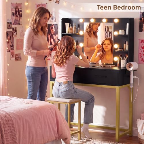 Image of YESHOMY 31.5'' Small Vanity Desk with LED Mirror and Lights, Black