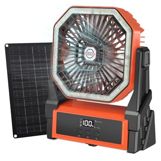 Ventilador Solar de Camping Con Panel 10W, 10000mAh USB Recargable Portátil Con Pantalla LED, Temporizador, Luz, 4 Velocidades a Batería para Exterior (Naranja)