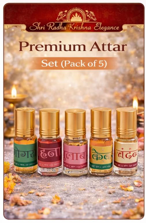 Shri Radha Krishna Elegance Premium Attar Set Pack of 5 | | Natural Long Lasting Floral & Sandal Fragrance | Alcohol-Free Itra Perfume for Pooja, Temple, Meditation | Roll-On Attar Gift Pack-image-34