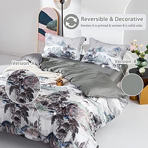MILDLY 100% Long-Staple Cotton Duvet Cover Set Mountain Scenery Pattern Printed Comforter Cover 3pcs, Ultra Soft & Breathable Bedding Set