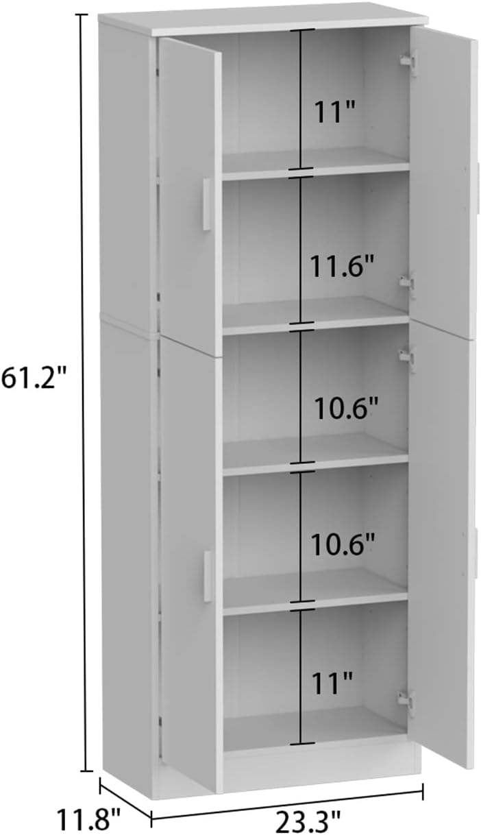 ECACAD Kitchen Pantry with 4 Doors & Adjustable Shelves, 5-Tier Wood Storage Cabinet, Freestanding Kitchen Cupboard Floor Cabinet for Living Room, White (23.3”W x 11.8”D x 61.2”H)