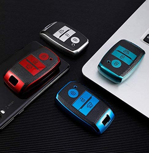 Image of JVCV Premium Soft TPU Leather Pattern Key Cover Compatible with Kia Seltos Sonet Carens 3 Button Push Start Car Key (Red Black)