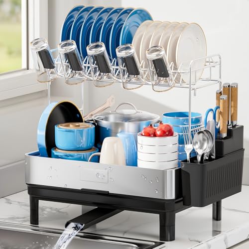 Image of Ewaiira Dish Drying Rack, 2 Tier Large Dish Rack, Stainless Steel Dish Drainer for Kitchen Counter, Dishes Rack with Automatic Drainage, Utensil Holder,Cups Holder,Space Saving Kitchen Organizer,Black