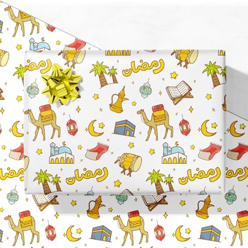 GIOLNIAY Ramadan Wrapping Paper - Eid Gift Wrap with Islamic Lanterns Camels Crescent Moon Mosques and Arabic Ramadan Lettering - 4 Jumbo Sheets 28 x 40 Each Easy to Store