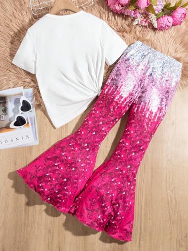 Image of OYOANGLE Girl's 2 Piece Outfits Clothes Set Print Short Sleeve T-Shirt and Flare Leg Pants Set