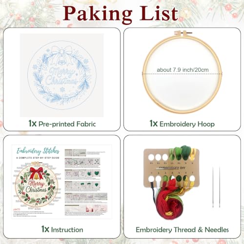 Image of Louise Maelys Merry Christmas Wreath Embroidery Kit for Beginners Adults