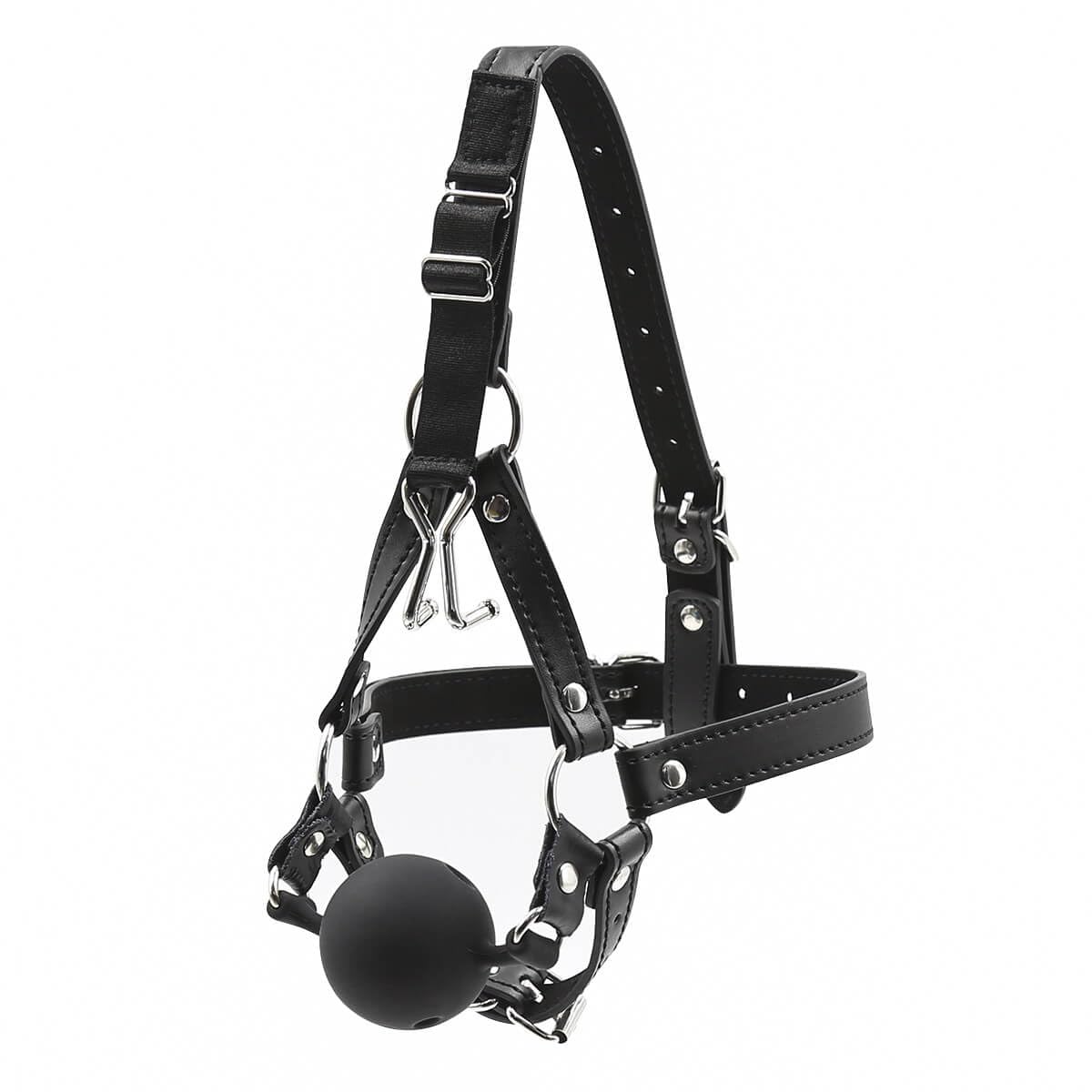 Crochet de nez Harnais tête Gag Ball Silicone BDSM Fetish SM Sub | Harnais en cuir artificiel verrouillable – Crochet de nez & Bâillon pour Jeux Fétichistes, Domination, Soumission & Roleplay