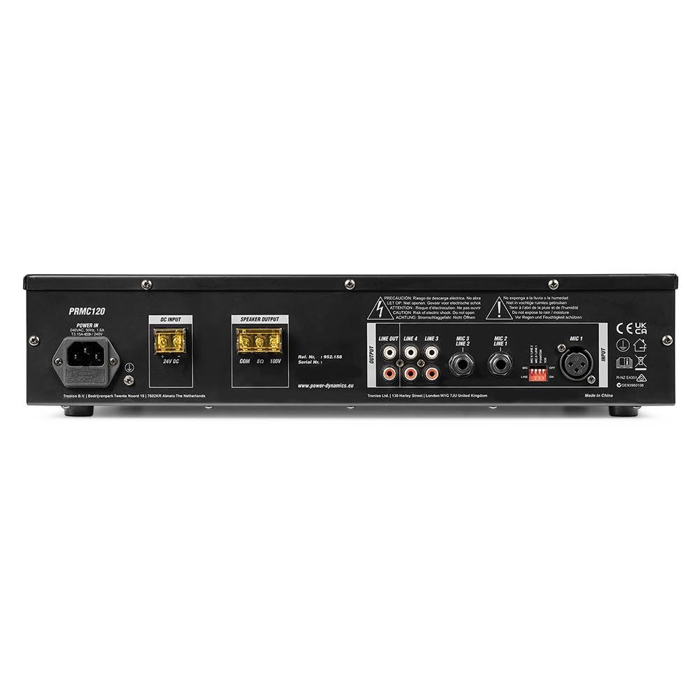 Power Dynamics PRC120 Amplificador 100V 120W con CD y Bluetooth | Reproductor CD integrado, alimentación Phantom, control de tono, compatible con instalaciones de música ambiental.