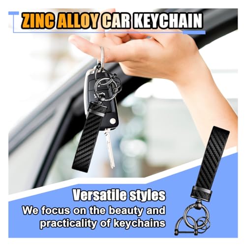Image of smilfuy Carbon Fiber Leather Car Keychain - Key Chain Ring Key Tag Car Key Fob Holder for Men Women - Anti-Lost D-Ring (Black, 2PCS)