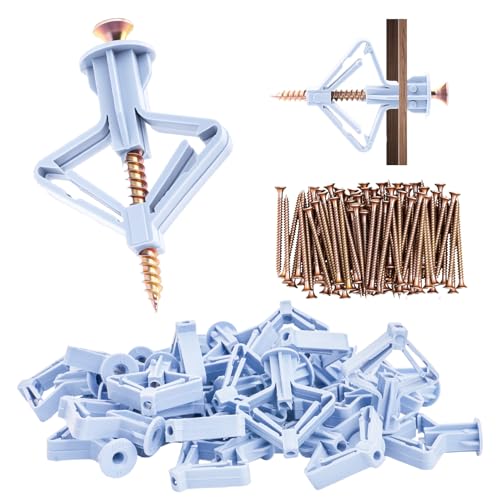 120 Pcs Tacos Pared, Tacos Mariposa y Tornillos Autoperforante, Fijaciones para Placas de Yeso, Anclaje de Expansión y Tornillos para Paneles Huecos Ladrillo Hueco Placas(60 anclajes, 60 tornillo)