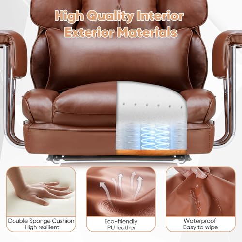 Image of Sweetcrispy Executive Home Office Desk Chair - Ergonomic Big Tall High Back with Footrest & Lumbar Support, Reclining Height Adjustable, Comfy PU Leather Computer Gaming with Swivel Wheels, Brown