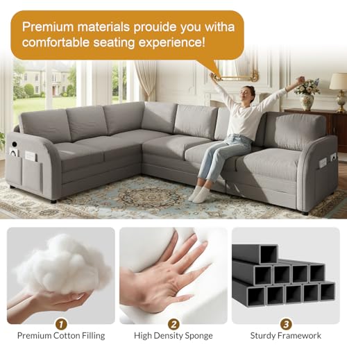 Image of KCGKCG 115.2 inch L Shaped Couch Bed, Sectional Couches for Living Room, Teddy Fabric Sleeper Sofa Bed with Pull Out Couch, Convertible Sectional Couch with Charging Station & Side Pocket, Light Grey