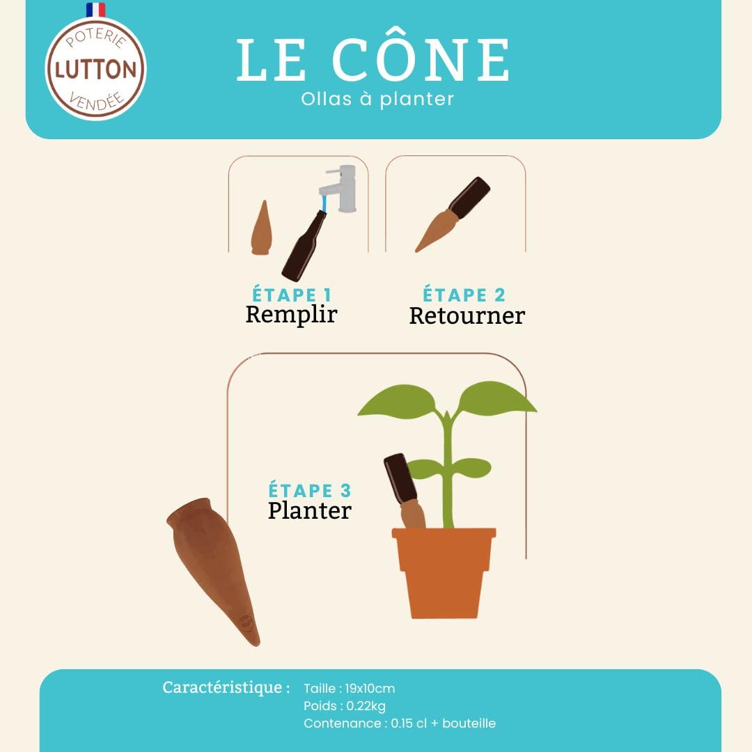 Ollas Lutton Cones en Argile d'arrosage, 4 Oyas à Planter en Terre Cuite, compatibles avec des Bouteilles d’1L