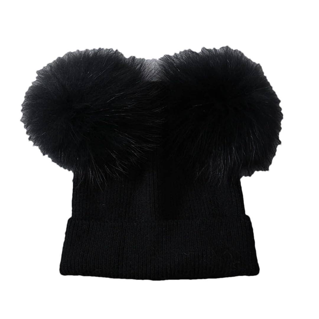 Wvapzxx Gorro Con Pompón De Piel Doble, Gorros De Invierno Para Mujer, Gorros De Lana Tejidos, Gorros, Gorros Para Niñas, Gorro Con Pompón De Dos Pieles