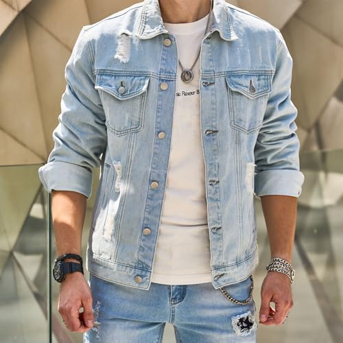 Jean Jacket for Men Button down Distressed Ripped Solid Color Casaul Denim Outerwear Jacket Coat with Multiple Pocket4