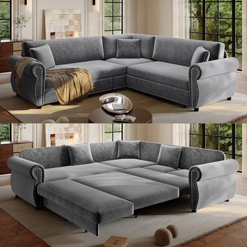 Image of KCGKCG 88.2 inch Chenille Sleeper Sofa Bed, Sectional Couches for Living Room /Apartment, L Shaped Couch with Pull Out Couch Bed, Convertible Sectional Sofa with Rolled Arm & Nailhead Trim, Light Grey