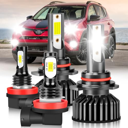 HOEDUI Fit For Toyota RAV4 2016 2017 2018 lights with Fan 800% Super Bright Hi Lo Beam Light Bulbs and Fog lights Plug and Play 6500K Cool White 36000LM Pack of 4