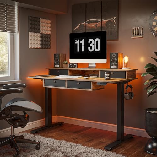 Image of FEZIBO 48'' x 24'' Electric Standing Desk with 4 Storage Drawers, Adjustable Height Computer Table with Monitor Shelf, Stand Up Desk for Study, Gaming, Workstation, Rustic Brown Top