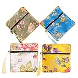 HYTROVE Bolsa de Joyería Bordada con Cremallera 4 Piezas, Organizador de Joyas Portátil de Chinlon Suave, Diseño Chino con Borlas, Colores Múltiples (azul Lago, Amarillo, Verde Claro,