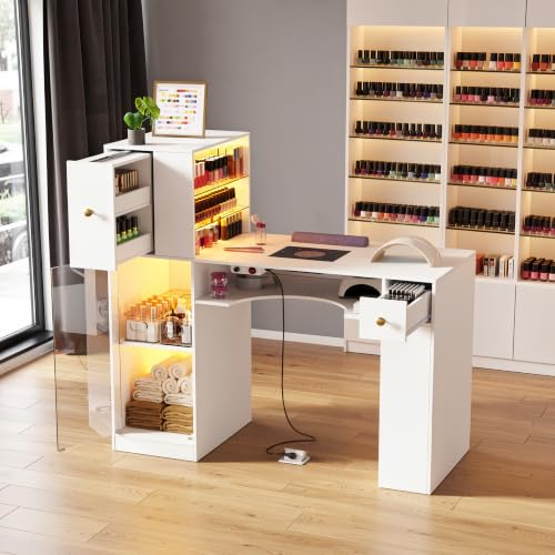 Stół do paznokci z odsysaniem, stół do manicure z regulowanymi diodami LED, 2 worki do odkurzacza, stół do manicure z szafką i szufladą, duża przestrzeń do przechowywania paznokci, studio paznokci i
