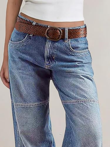 Flamingals Women's Stitch Detail Mid Waist Straight Leg Jeans Without Belt2