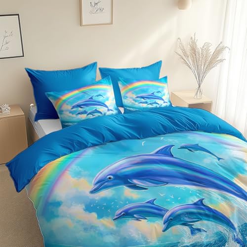 Delfín De Dibujos Animados De Anime De Fantasía 2 Piezas Funda Nórdica, Cama 80/90-135 x 200 cm Ropa de Cama, y 1 Fundas de Almohada, Hipoalergénico, Adecuado para Todas Las Estaciones, Azul Océano