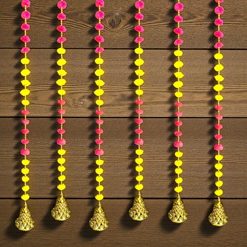 Image of iHandikart Decorative Pack of 6 Pink & Yellow Pom Pom Wall Hanging, 40 Inch Decorative Strings for Door, Balcony & Festival & Housewarming Decoration (RKH-223-6)