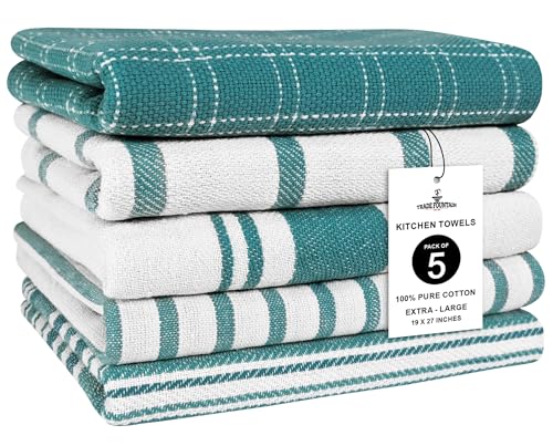 Trade Fountain Tea Towels - Pack of 5 Tea Towels for kitchen Accessories - 50 X 70 CM Kitchen Towels - Extra Absorbent Dish Cloth - 100% Pure Cotton (Teal)
