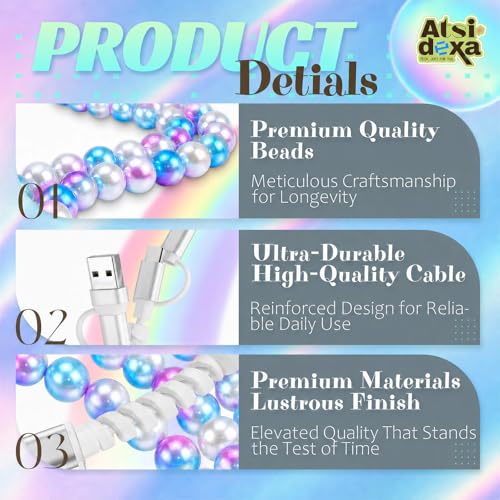 Image of 4-in-1 Beaded Charging Cable, MFi Certified, Works with CarPlay, 3.3FT 60W Fast Charger Cord for iPhone 17 /16 /15 /14 /13 /12 /11, iPad, Samsung, Android and More (Mermaid Glow)