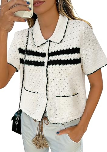 Image of Yousify Womens Casual Summer Short Sleeve Sweaters Button Down Crochet Knit Tops 2026 Loose Cute Cardigan Sweater