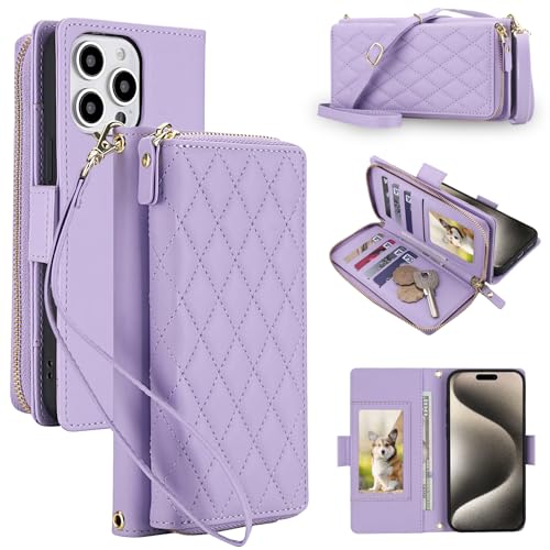 Étui portefeuille iPhone 13 Pro violet clair à 8 cartes et zip