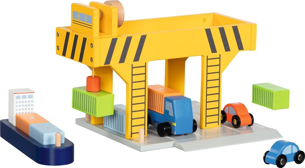 goki 55826 - Wooden Harbour Crane with Container, Cargo Ship and Vehicles, Bridge Crane/Container Crane with Crank and Magnetic Lifter, Container Port Toy Set