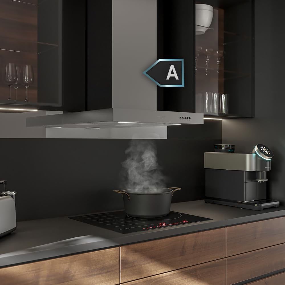 Cecotec Cappa aspirante 90 cm Bolero Flux TM 906500 Inox A. Motore 165 W, decorativo con finitura inox, aspirazione 650 m3/h, controllo meccanico, 3 livelli di potenza, luce e filtro al carbonio