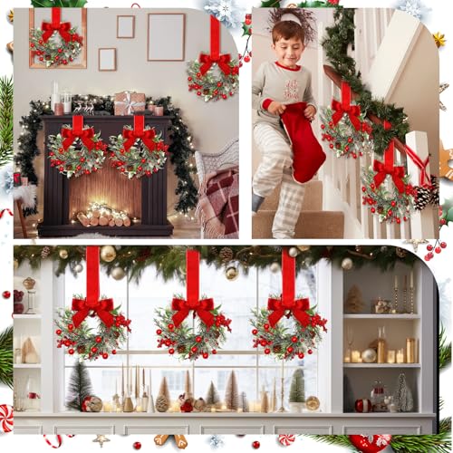 Image of Dingion 6 Pcs 6 inch Christmas in July Mini Cabinet Wreaths for Kitchen with Ribbon Bows Red Berry Small Window Wreath for Window Door Farmhouse Christmas Party Decorations