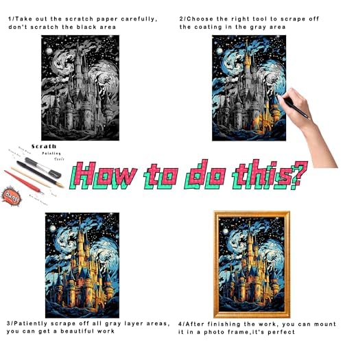 DESINIK Scratch Painting Art Paper for Adults,Creative DIY Art Craft Gift Scratch Rainbow Painting Luminous Paper Set including 4 Tools 16''x11''(Castle &Amusement Park) - Image 4