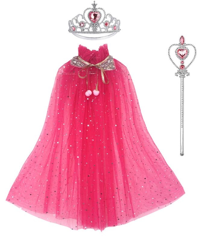 Image of Princess Cape for Girls - Colorful Sequin Cloak with Crown and Wand for Birthday, Halloween, Fancy Dress & Carnival