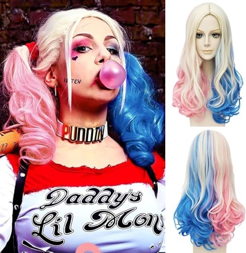 Quinn Perücke Damen Quinn Cosplay Perücke Bösewicht Perücken Blond Blau Rosa Perücken für Karneval Halloween Fasching Kostüme Party
