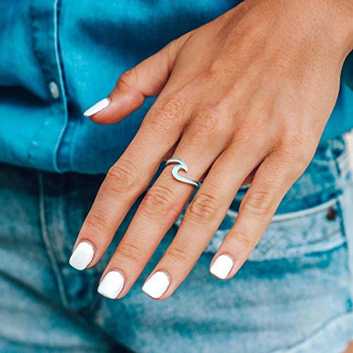 Pura Vida Silver or Gold Enamel Wave Ring - Brass Base Band - Rhodium Plating, Sizes 5-94