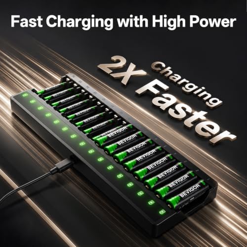 BEVIGOR Chargeur de batterie 16 compartiments avec 8 piles AA et 8 AAA pour