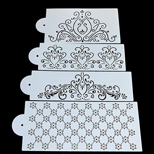 Ikasus AFSSS900773WBBWHITE 4 Pcs Cake Decorating Stencils Mold Plastic Templates Spray Floral Cake Mold Fine Hollow Lace Cookie Fondant Dessert Decorating Molds Side Baking Mesh Stencil Tool thumb #3