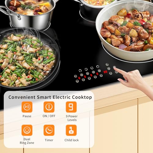 Image of Noxton 30 Inch Electric Cooktop 4 Burners, Built in Electric stove top, Sensor Touch Ceramic Cooktop, Expandable Burners, Pause, Safety Lock, Timer, 7100W 220~240V (No Plug)